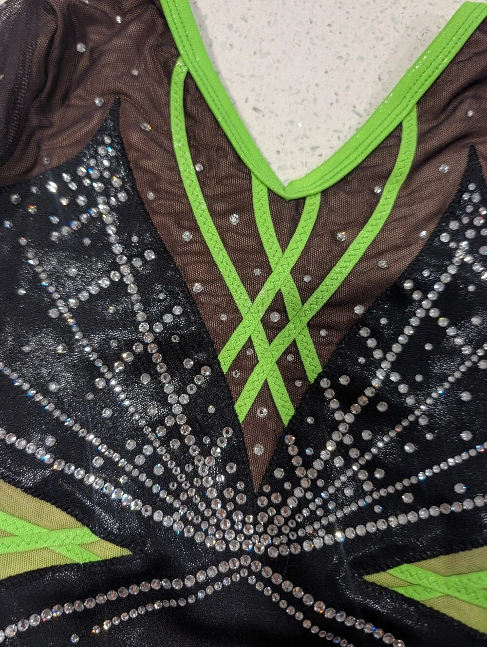 COMPETITION GK Elite Large Gymnastics Dance Leotard Neon Green 3/4 slv SWAROVSKI